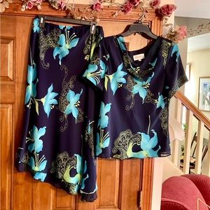 Studio 1. Matching blouse and skirt, size M, Navy & Teal.